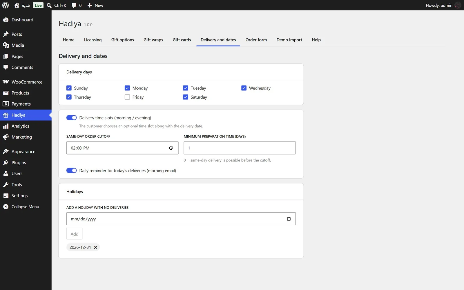 Hadiya dashboard: Delivery and dates screen