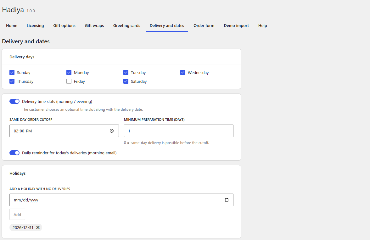 The Delivery and dates screen