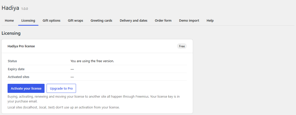The Licensing screen
