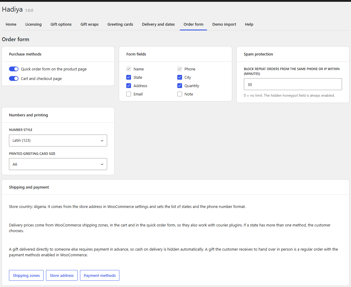 The Order form screen