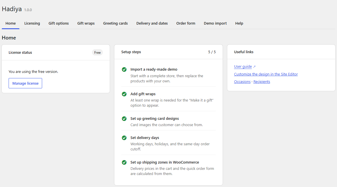 The Home screen: license status and setup steps