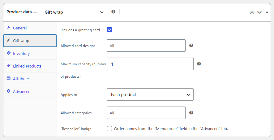 The Gift wrap tab on the wrap's edit page