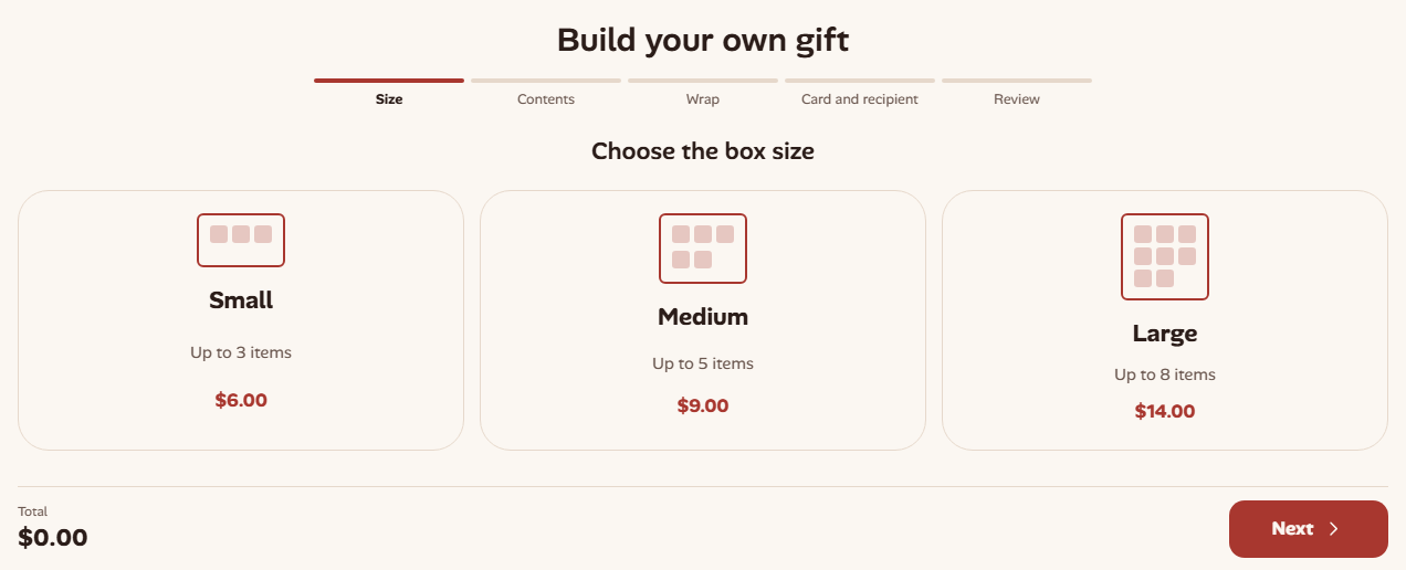 Step one of the box builder: choosing the size