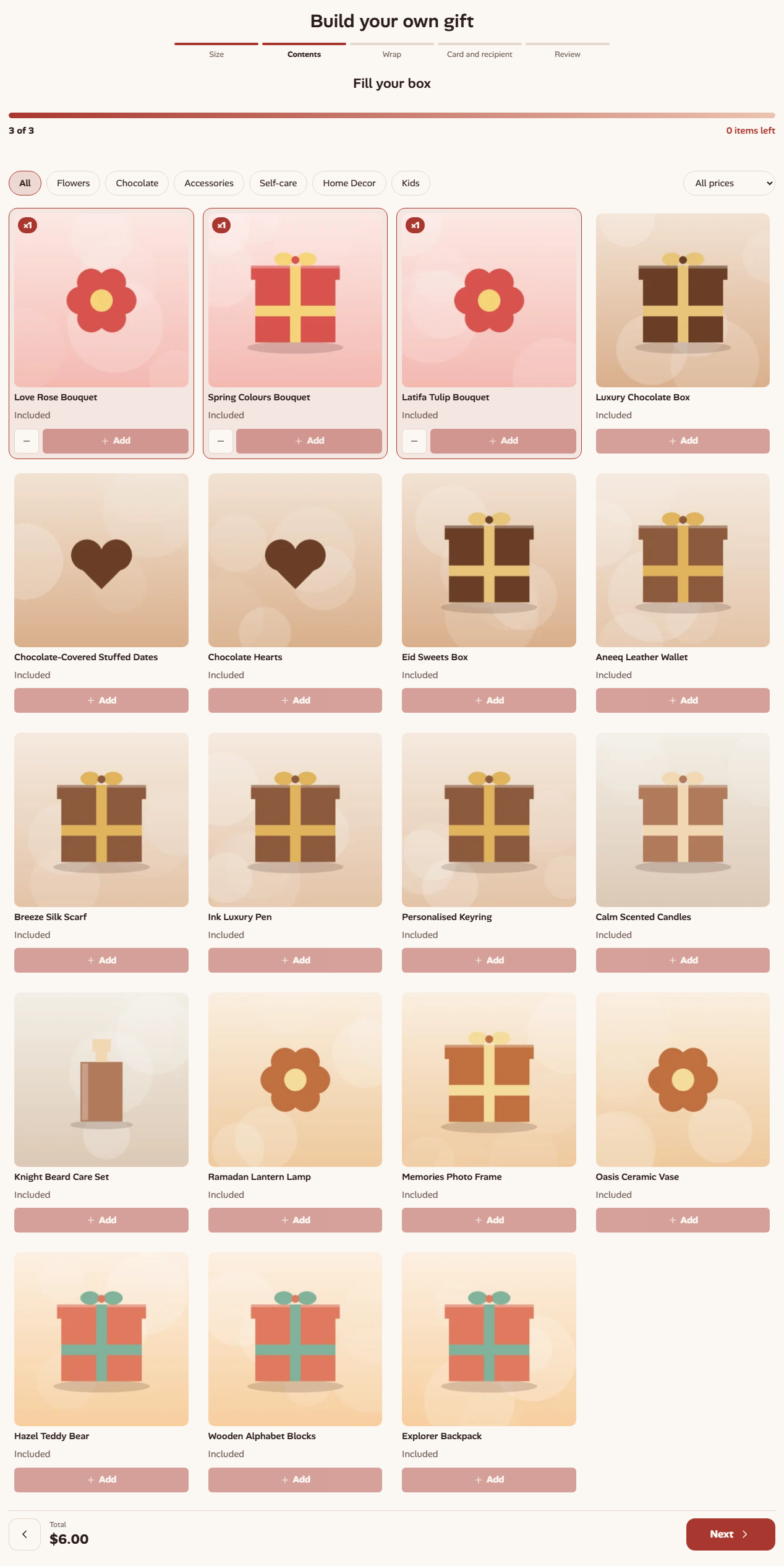 The contents step: filter by category, add products, and a bar that counts the items