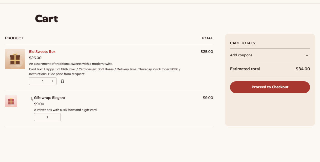 The product and its wrap in the cart, with the gift details