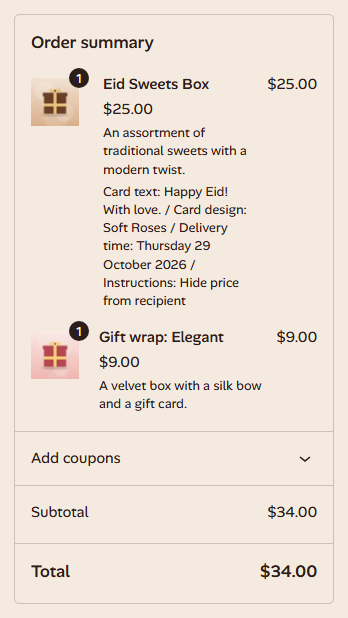 Gift details in the checkout order summary