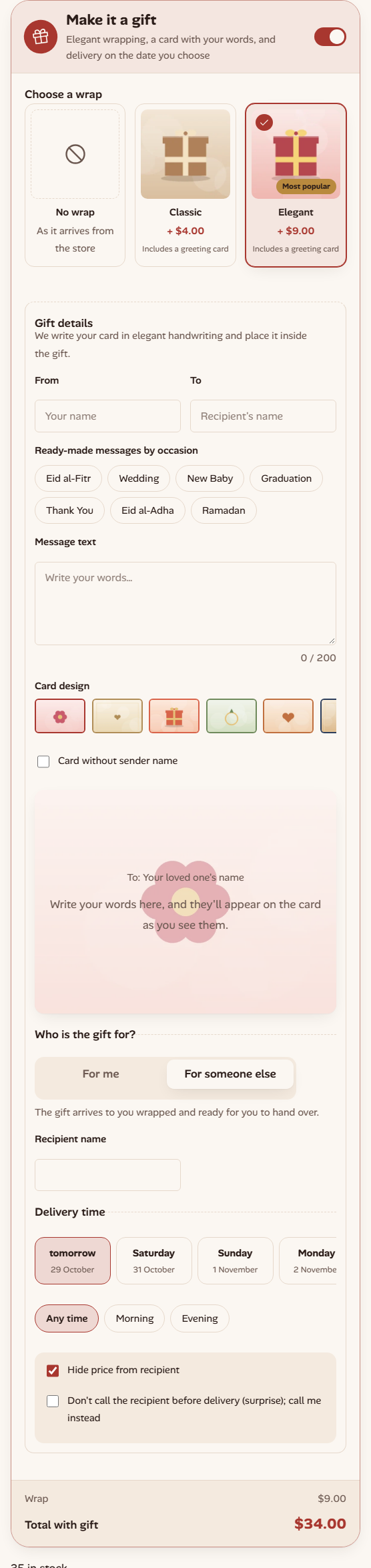 "Someone else" with the recipient's name, delivery date and privacy options