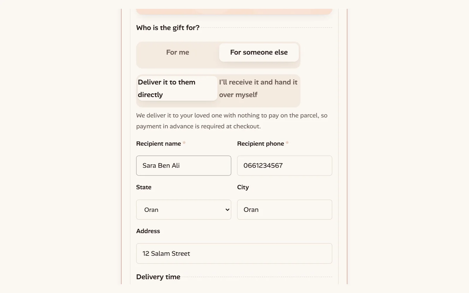 Recipient details and delivery date